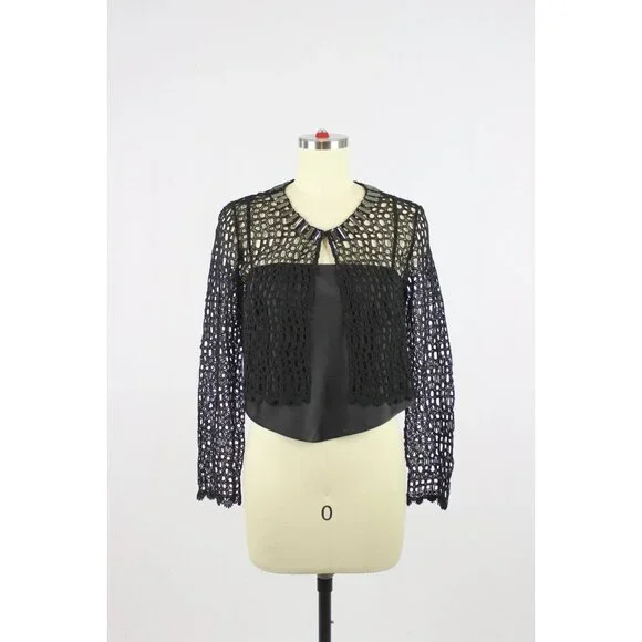 ELIE TAHARI Black Cotton Broderie Anglaise Beaded Lace Cardigan Sweater, Size 2 - Picture 1 of 15